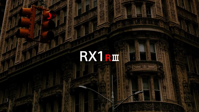 Sony RX1R III camera model text overlaid on architectural street scene