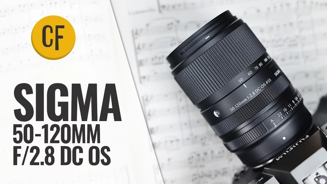 Sigma 50-120mm F/2.8 DC OS lens with yellow CF badge and specifications label