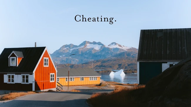 Colorful houses in an Arctic settlement with snow-capped mountain and text reading 'Cheating' overlaid