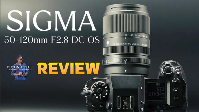 Sigma 50-120mm F2.8 DC OS lens mounted on DSLR camera body with review title graphic