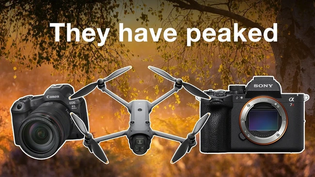Graphic showing Canon DSLR, DJI drone, and Sony mirrorless camera with text 'They have peaked'