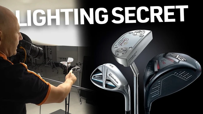 Studio lighting setup with golf clubs displayed on right side of frame