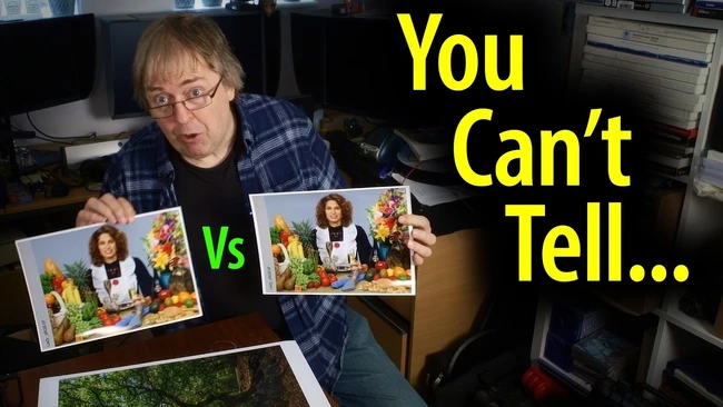 Photographer comparing two color-graded versions of the same portrait image side by side