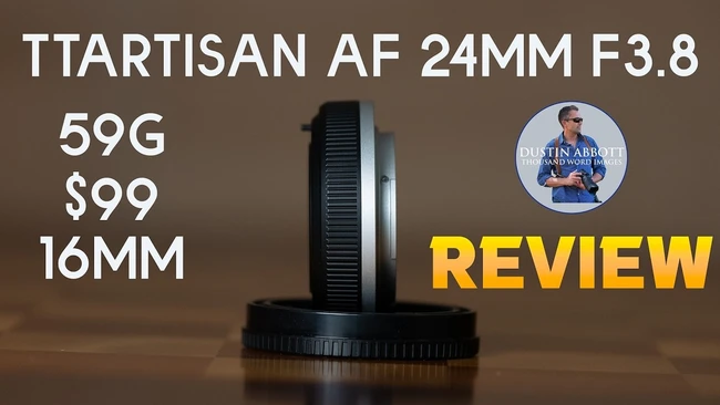 Ttartisan AF 24mm f/3.8 lens with text overlay showing specs and price