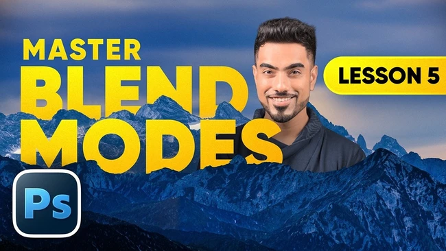 Tutorial screenshot showing Photoshop blend modes lesson with instructor and mountain landscape background
