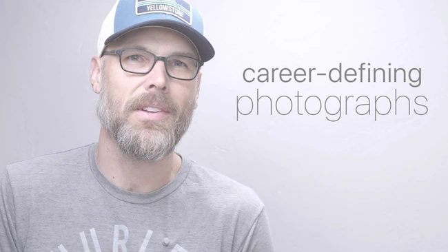 Bearded man in glasses and a Yellowstone cap speaking to camera, with 'career-defining photographs' text overlay on a light background.