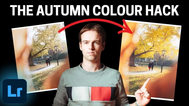 Thumbnail comparing a before and after autumn park photo edit, with a man pointing at the vivid yellow-toned result on the right.