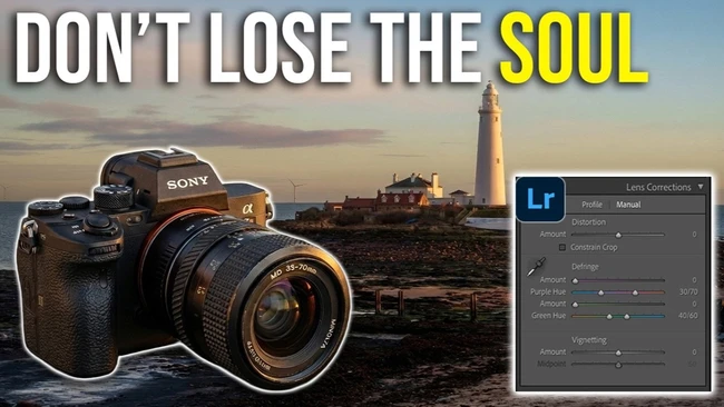 Sony mirrorless camera with 35-70mm zoom lens beside a Lightroom Lens Corrections panel over a dusky lighthouse scene