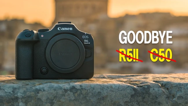 Canon EOS R6 Mark III camera body on a stone ledge at golden hour, with 'GOODBYE' and crossed-out R5 II and C50 text overlaid.