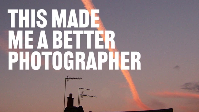 Pink contrail across a dusk sky over rooftop antennas, with overlaid text: 'This made me a better photographer'