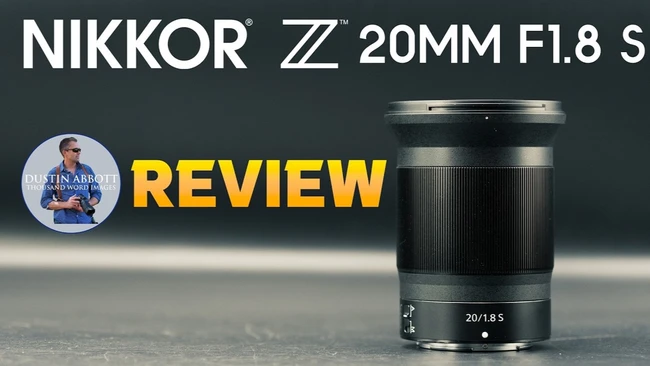 Video thumbnail for a review of the Nikkor Z 20mm f/1.8 S lens, showing the black lens barrel against a dark background.
