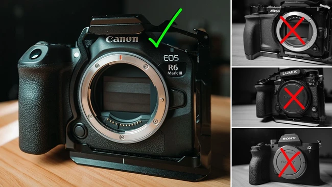 Canon EOS R6 Mark III mirrorless camera body with green check mark, beside three competitor cameras marked with red X's