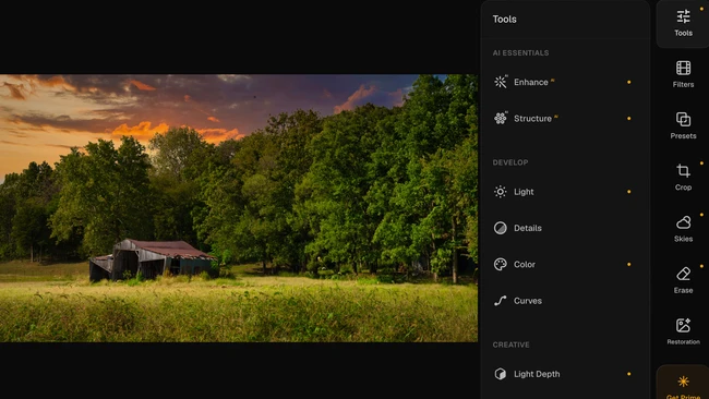 Screenshot of a photo editing software interface showing tools panel with adjustment options