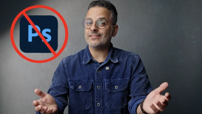 Man in denim shirt gesturing while standing in front of a red prohibition symbol over a Photoshop logo
