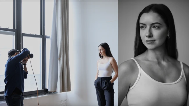 Photographer shooting a woman in a white tank top beside a bright window, with a black-and-white portrait of her at right.
