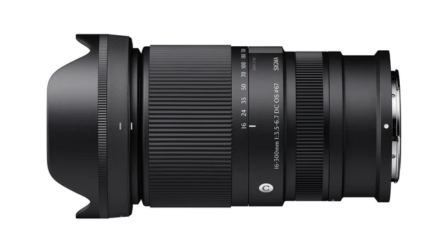 Sigma 16-50mm f/2.8 DC HSM Contemporary lens with hood mounted, side view