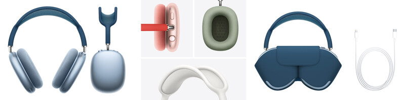 Collection of audio accessories including over-ear headphones, ear pads, cables, and a sleep mask arranged on white background.