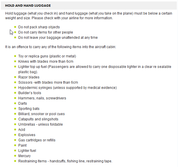 Manchester Airport banned item list