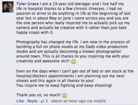 Tyler Grace's Facebook Comment to Von Wong Fan Page
