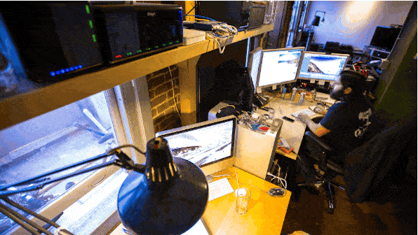 Video post-production and Hal's office workspace
