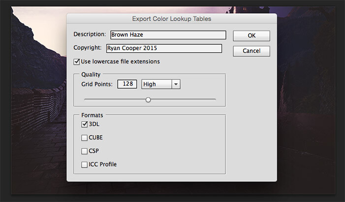 Exporting a color lookup table