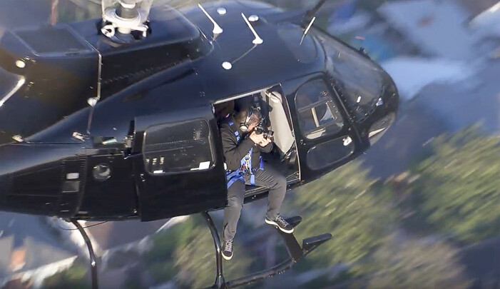 Aerial photographer Vincent Laforet shooting from a helicopter