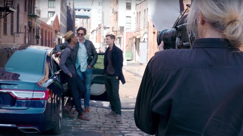 Lincoln Continental behind the scenes with Annie Leibovitz photographing three men