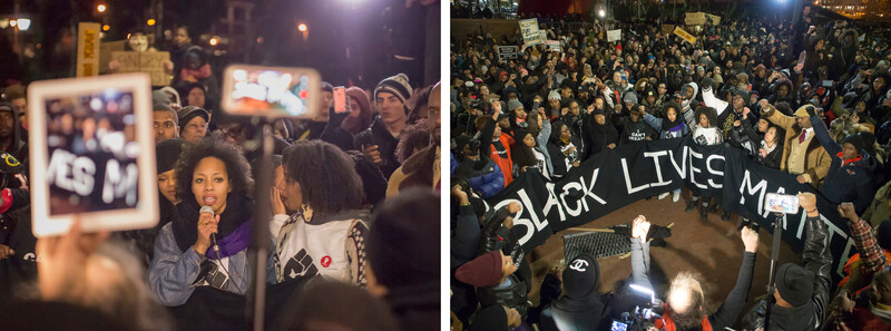 The view of the march from below (left) and above (right) while standing in the same spot.