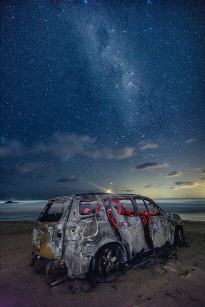 abandoned car, beach, milky way, light painting