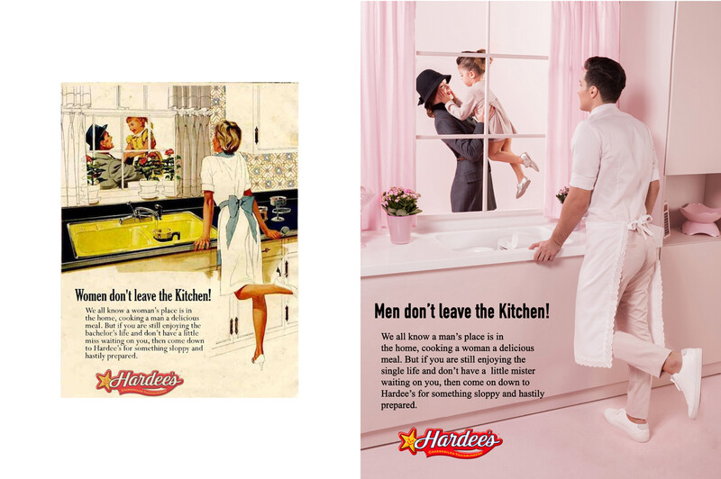 A side by side adverts of a man and a woman in the kitchen