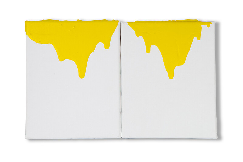 Two vertical canvases side-by-side with yellow paint dripping down from the top.