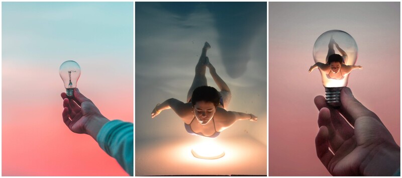 Digital art of a woman swimming in a light bulb.