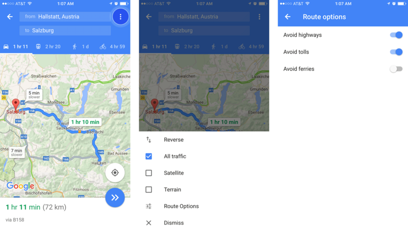 Turning on the Avoid highways option Google Maps