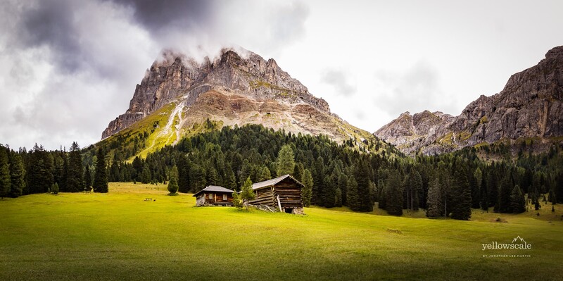 Cabins under the Sass de Putia in South Tyrol, Italy.