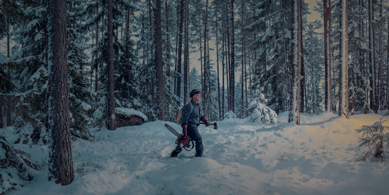 A lumberjack in a wintery forest.