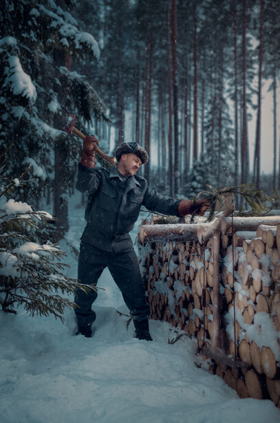 Lumberjack chopping wood.