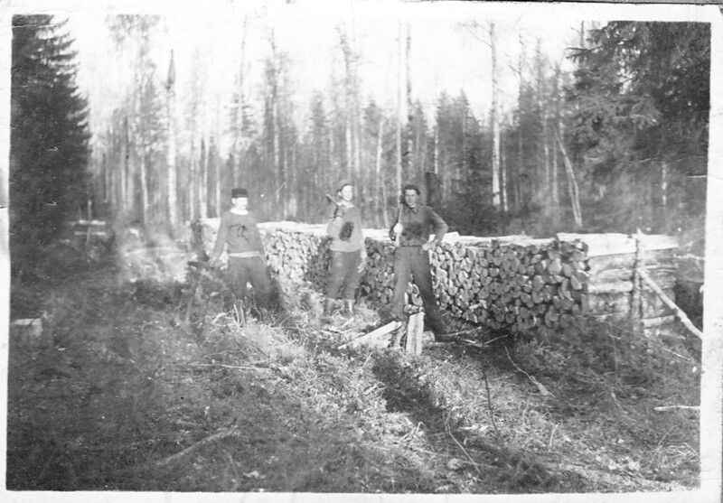 Three lumberjacks in a forest.