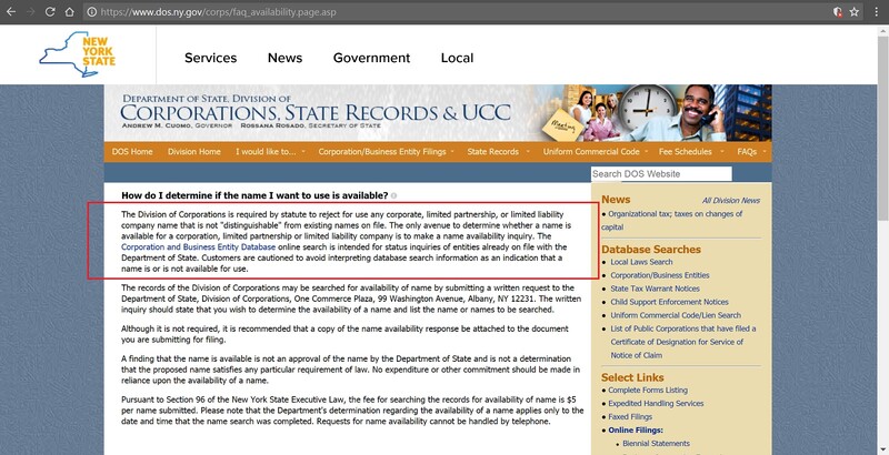 Screenshot of NY State Division of Corporations