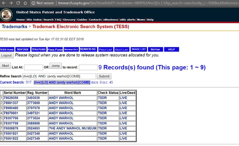 Screenshot showing Andy Warhol trademarks