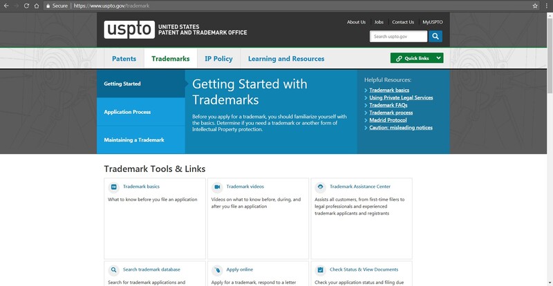 Screenshot of USPTO's website