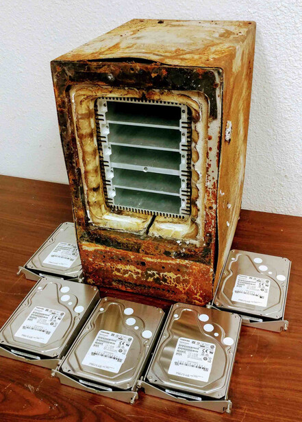 While the outside of this ioSafe 1515 is toast after a fire and soaking of water from firehoses, the hard drives inside were protected. Photo courtesy of ioSafe.