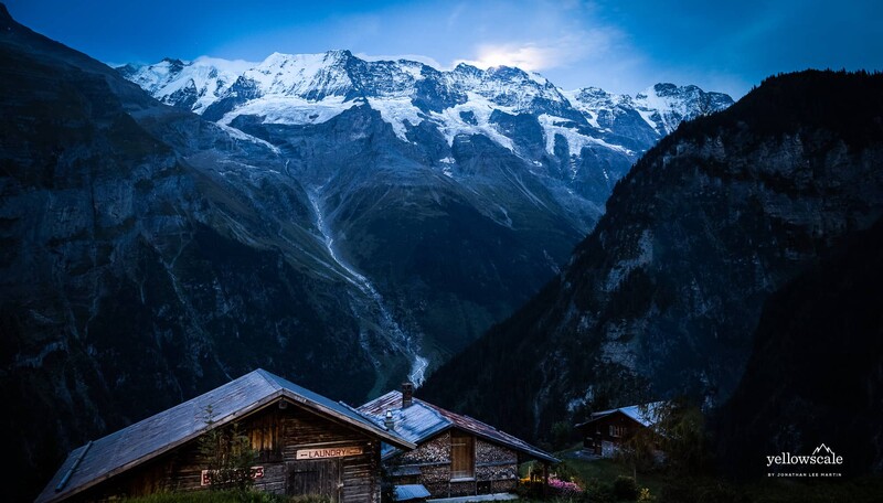 Moonlit Jungfrau over the Swiss hilltown of Gimmelwald.