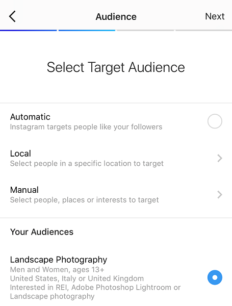 Manual audience created by armitage for promotion on instagram
