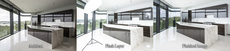 a triptych diagram of an ambient, flash and blended interior image with the Streaklight flash