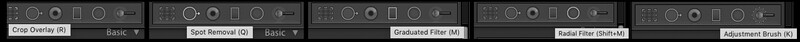 a screenshot of each tool in the Lightroom develop module with their name and shortcut key