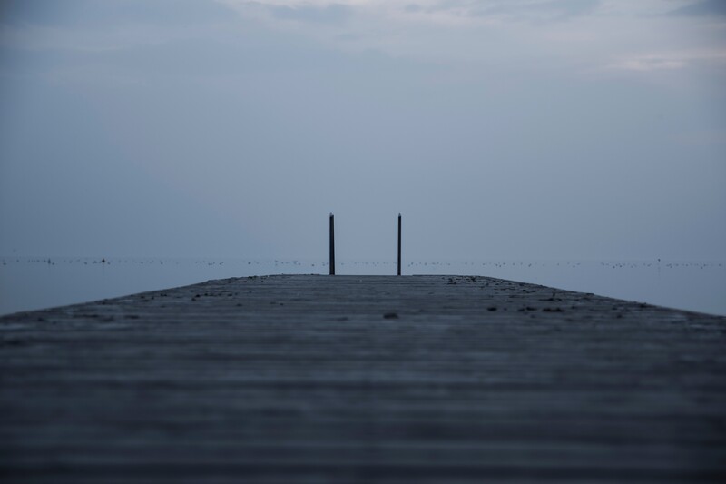 an ant's eye view looking out to the water from of a dock on a gloomy, foggy day