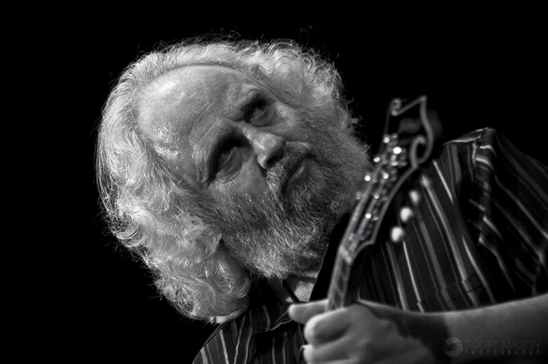 a close-up Black and White live photo of David Grisham playing mandolin