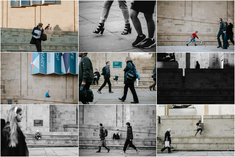 A collage of street photographs of people walking in the city.