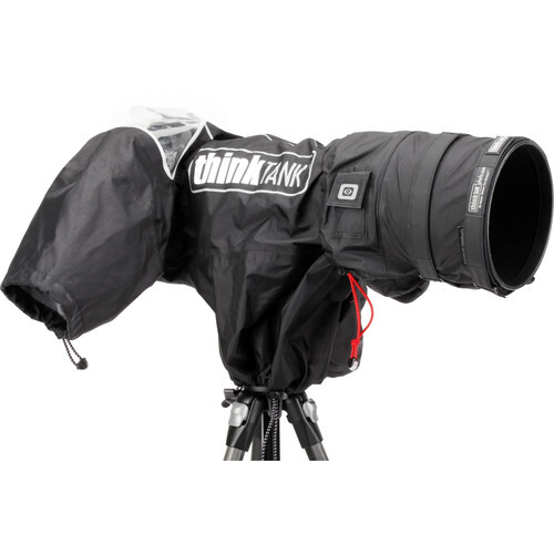 A picture of a Think Tank Rain Cover installed on a camera. 
