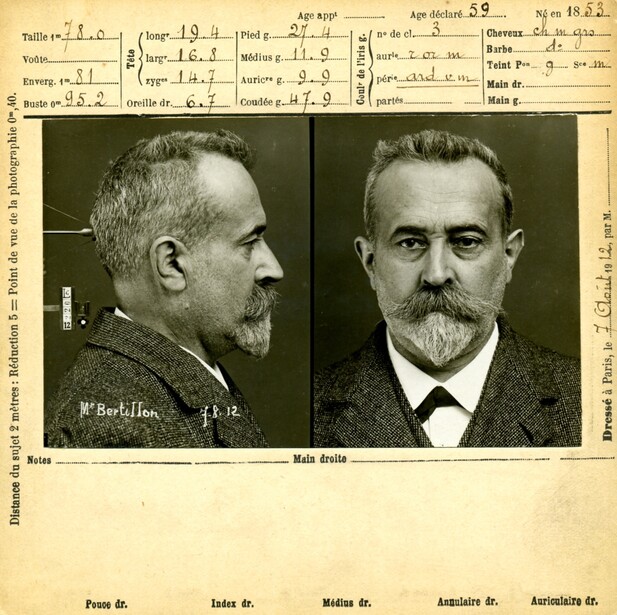 a creative commons historial photo of a mugshot by famous photographer Alphone Bertillon.
